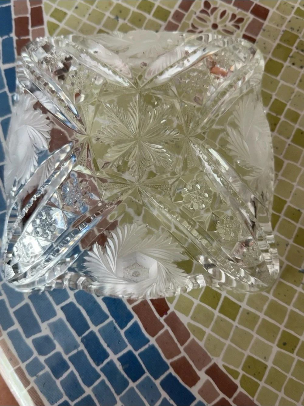 Vintage Square Cut Crystal Bowl Frosted Floral Starburst Sawtooth Rim